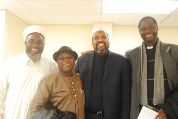 Imam Magid, of ADAMS mosque, with Fr Clement Aapengnuo from Ghana and Pastor James and Imam Ashafa