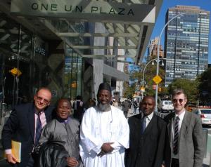 The launch team for 'An African Answer' outside the United Nations. Charles Aquilina (IofC programme co-ordinator), Pastor James Wuye, Imam Muhammad Ashafa, Joseph Karanja (film production consultant) and Dr Alan Channer (film director) (Photo: Alan Channer)