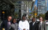 The launch team for 'An African Answer' outside the United Nations.
Charles Aquilina (IofC programme co-ordinator), Pastor James Wuye, Imam Muhammad Ashafa, Joseph Karanja (film production consultant) and Dr Alan Channer (film director)