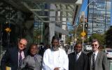 The launch team for 'An African Answer' outside the United Nations. Charles Aquilina (IofC programme co-ordinator), Pastor James Wuye, Imam Muhammad Ashafa, Joseph Karanja (film production consultant) and Dr Alan Channer (film director) (Photo: Alan Channer)|