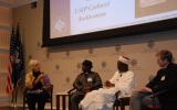 USIP: Maureen Fiedler moderating launch at USIP with Imam Ashafa and Pastor Wuye and Film Director Dr Alan Channer